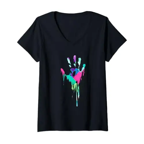 Womens Melting Spectrum: Dripping Handprint V Neck T Shirt