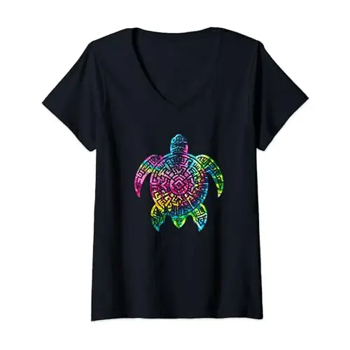 Womens Ocean Odyssey: Tie Dye Tribal Tides Sea Turtle V
