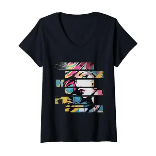 Womens Pop Glam: Fragmented Allure V Neck T Shirt Apparel