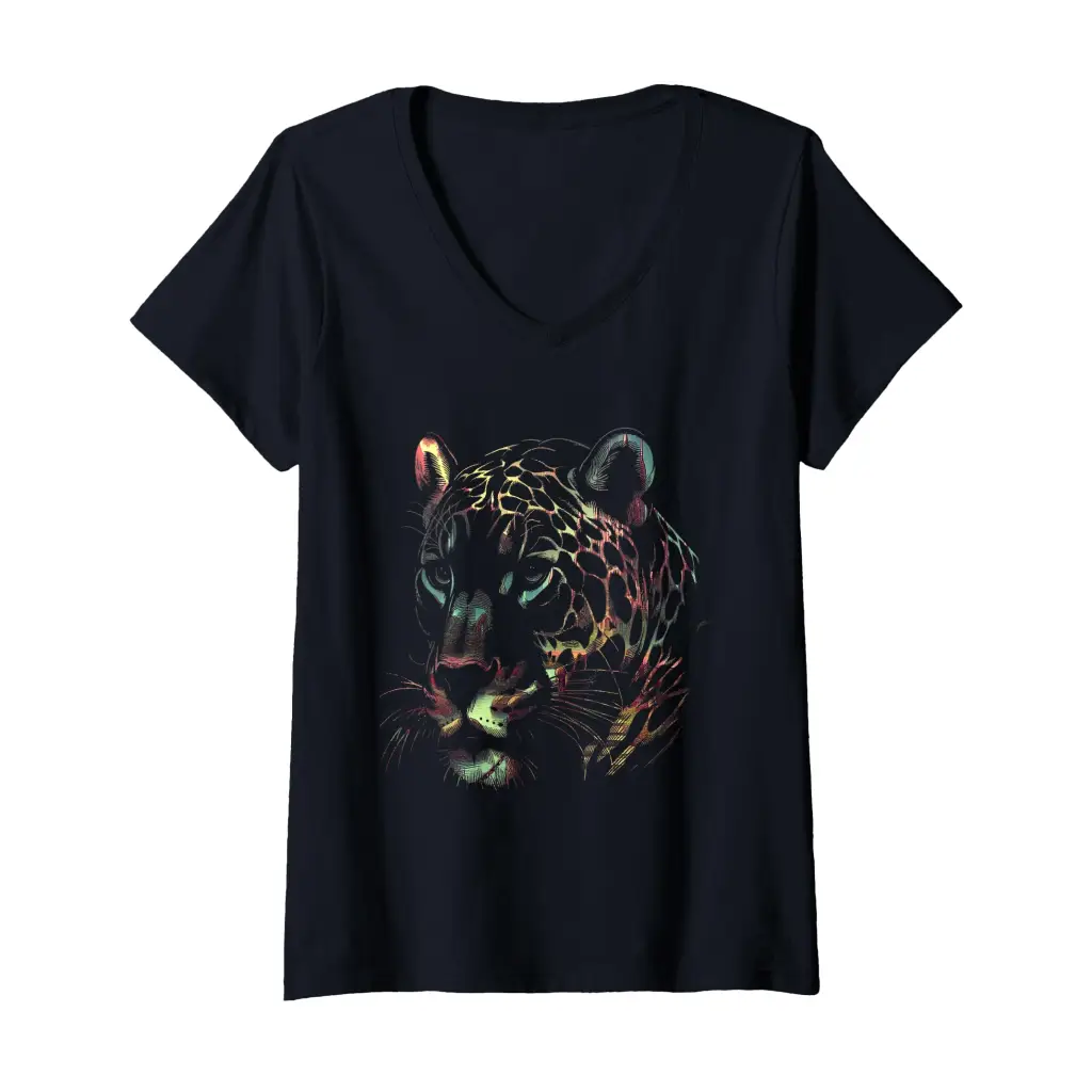 Womens Prismatic Predator: The Watchful Leopard V Neck T