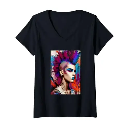 Womens Punk Radiance: Rebellion in Color V Neck T Shirt