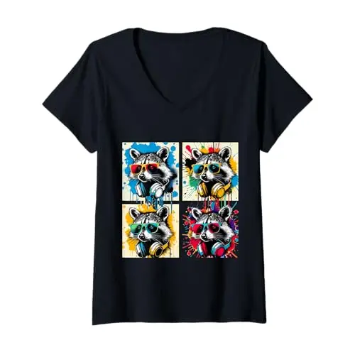 Womens Raccoon Riot: Urban Beats and Street Colors V Neck T