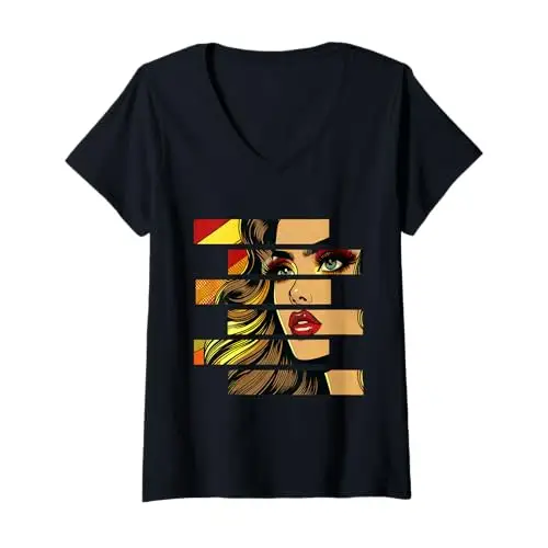 Womens Retro Radiance: Fragmented Beauty in Motion V Neck T