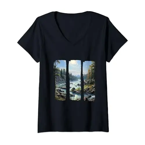 Womens Rocky Banks Tall Evergreens and a Gentle Flowing