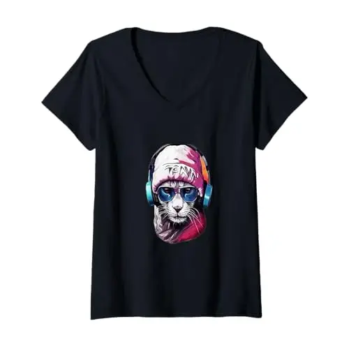 Womens Streetwise Cool: The Hip Hop Cat Vibe V Neck T Shirt