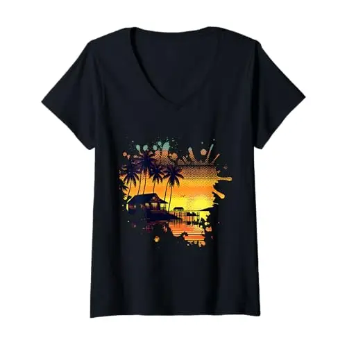 Womens Sunny Tropical Horizon Escape: Sunset by the Shore V