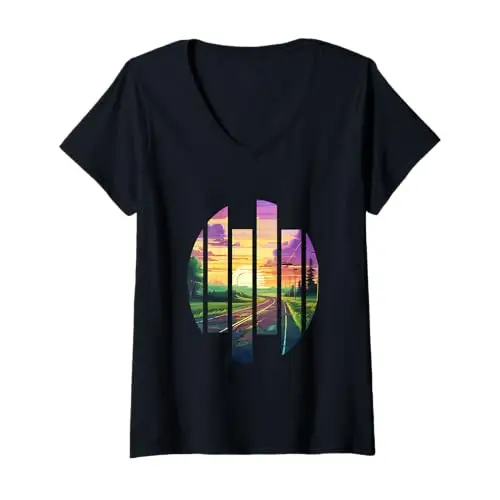 Womens Sunset Journey: Fragmented Road to Serenity V Neck T