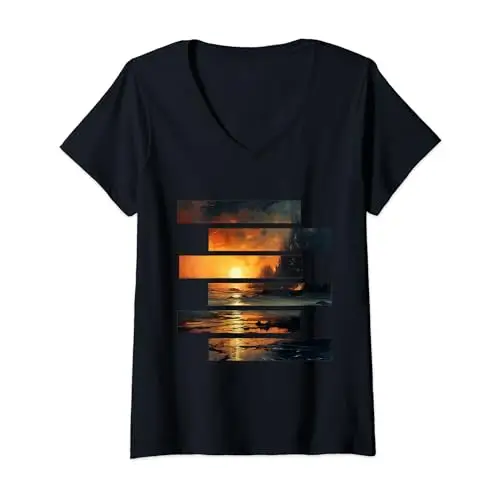 Womens Sunset Serenity: Beach Horizon V Neck T Shirt Apparel