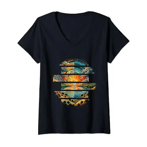Womens Sunset Serenity: Nature’s Tranquil Scene V Neck T
