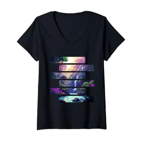 Womens Tranquil Falls: Oasis in the Forest V Neck T Shirt