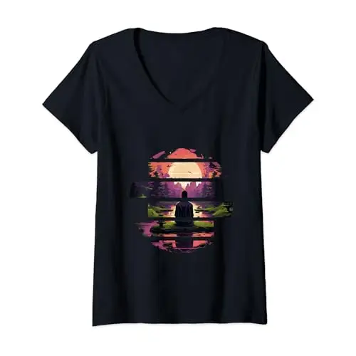 Womens Tranquil Horizon: Meditation at Sunset V Neck T
