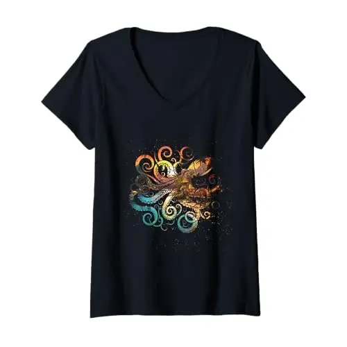 Womens Tropical Depths: Octopus Under the Stars V Neck T