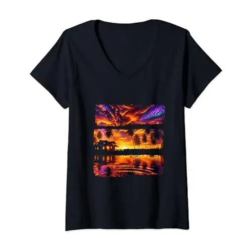 Womens Tropical Twilight: Sunset Serenade V Neck T Shirt