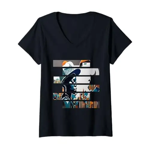 Womens Urban Elegance: Cityscape in Stripes V Neck T Shirt