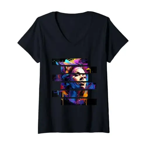 Womens Vibrant Dreams: Abstract Fragmented Vision V Neck T