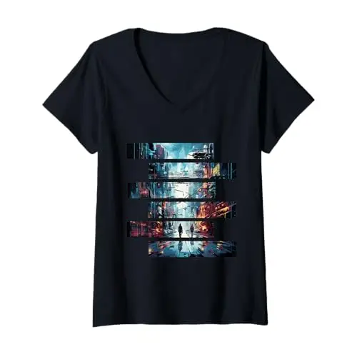 Womens Vibrant Echoes: Stroll Through the Cyber City V Neck