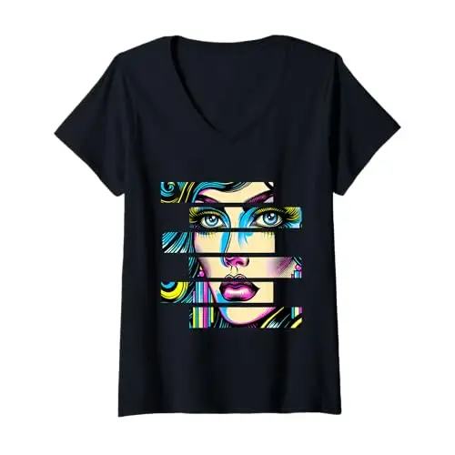 Womens Vibrant Gaze: Fragmented Pop Beauty V Neck T Shirt