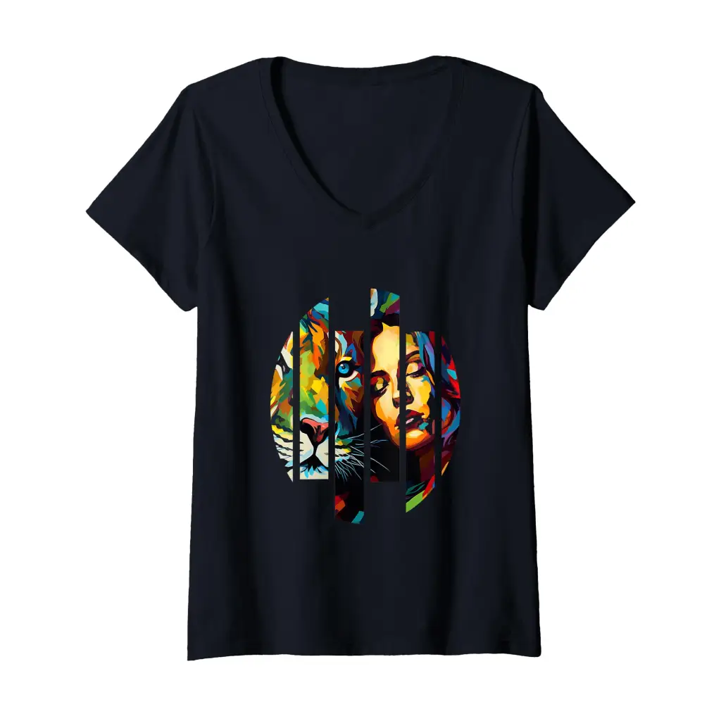 Womens Wild Connection: Fragmented Vibrant Fusion V Neck T