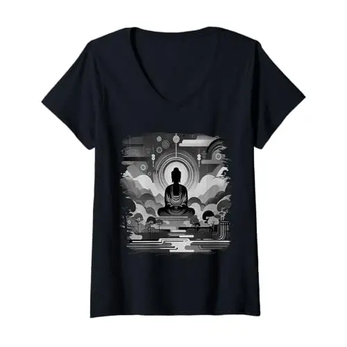 Womens Zen Horizon: Monochrome Meditation V Neck T Shirt
