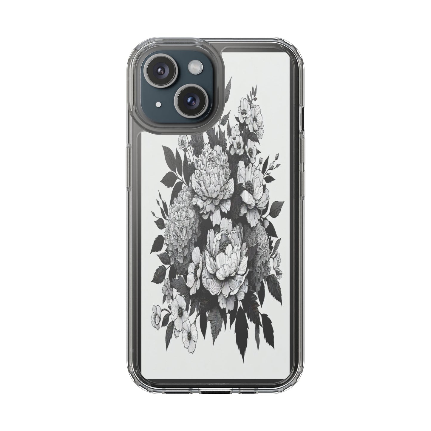 Transparent Floral Arrangement in Black and White Iphone Case Compatible With Iphone 16 15 14 - Clear Phone Cover