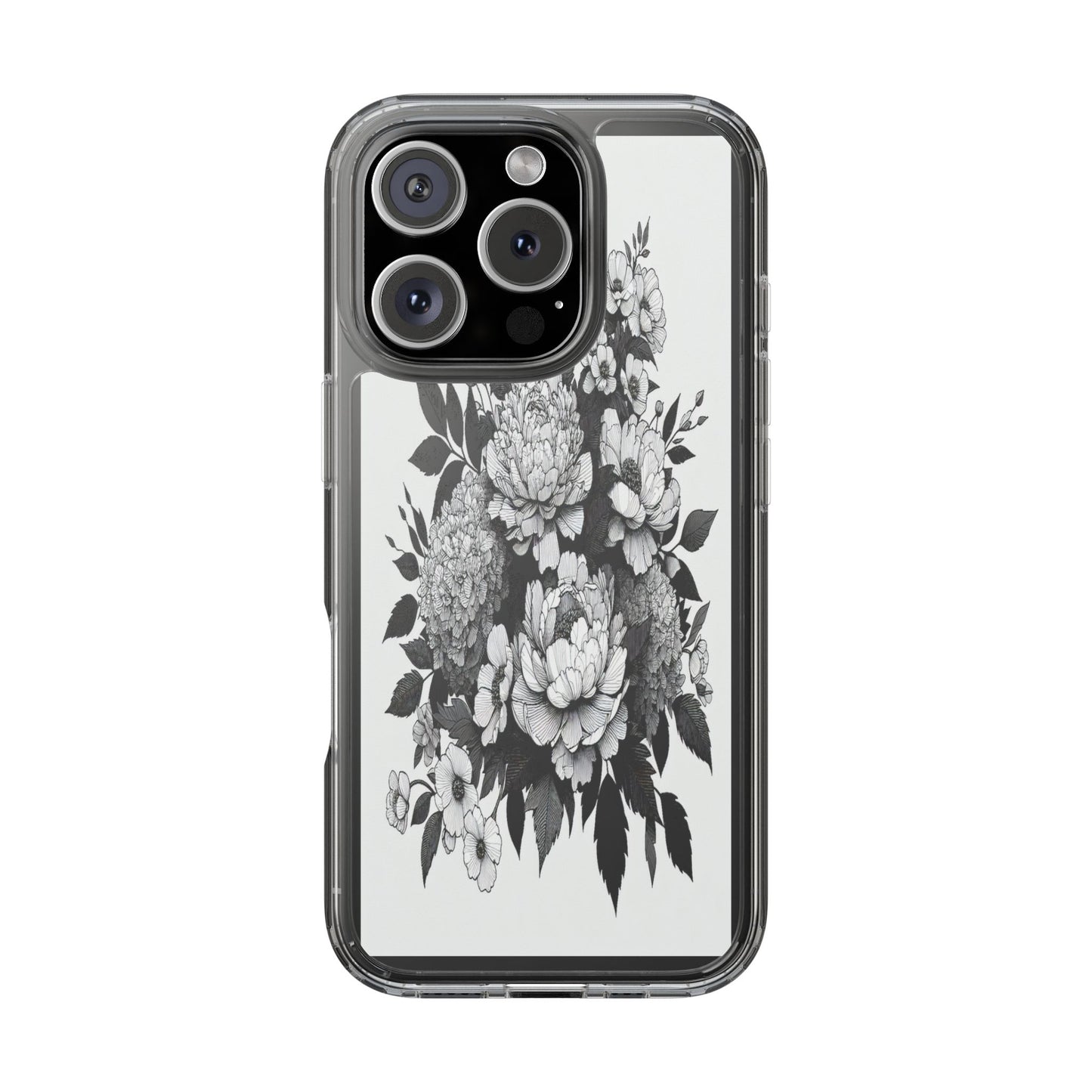 Transparent Floral Arrangement in Black and White Iphone Case Compatible With Iphone 16 15 14 - Clear Phone Cover