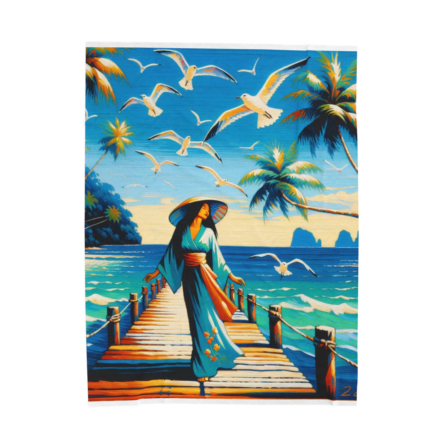 Island Stroll with Seagulls - Plush Blanket