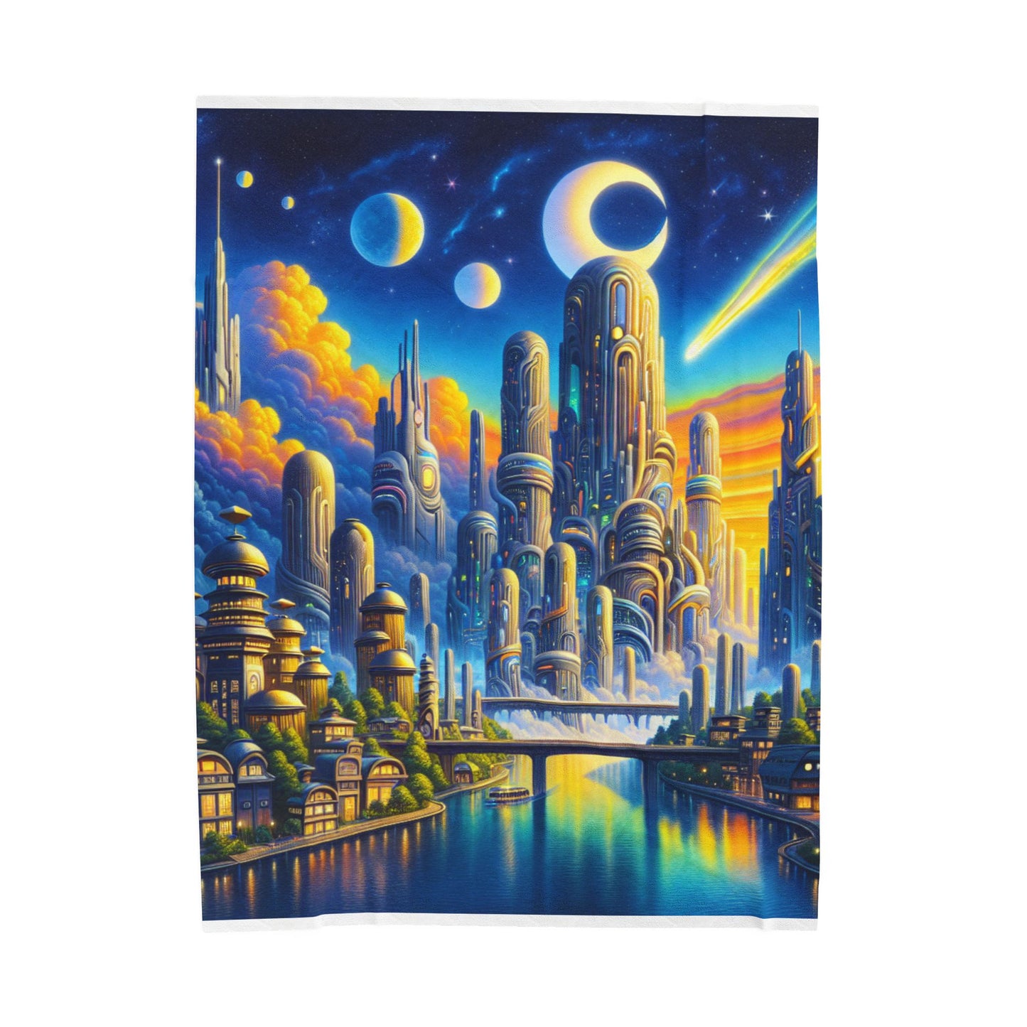 Futuristic skyline under a celestial sky - Plush Blanket