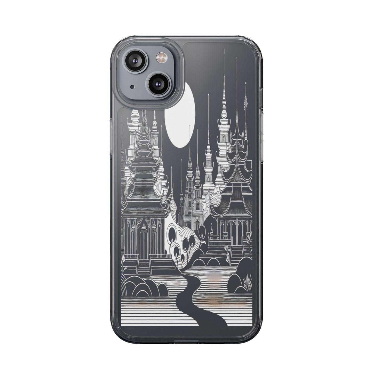 Transparent Temple Silhouette Under Bright Moon Iphone Case Compatible With Iphone 16 15 14 - Clear Phone Cover