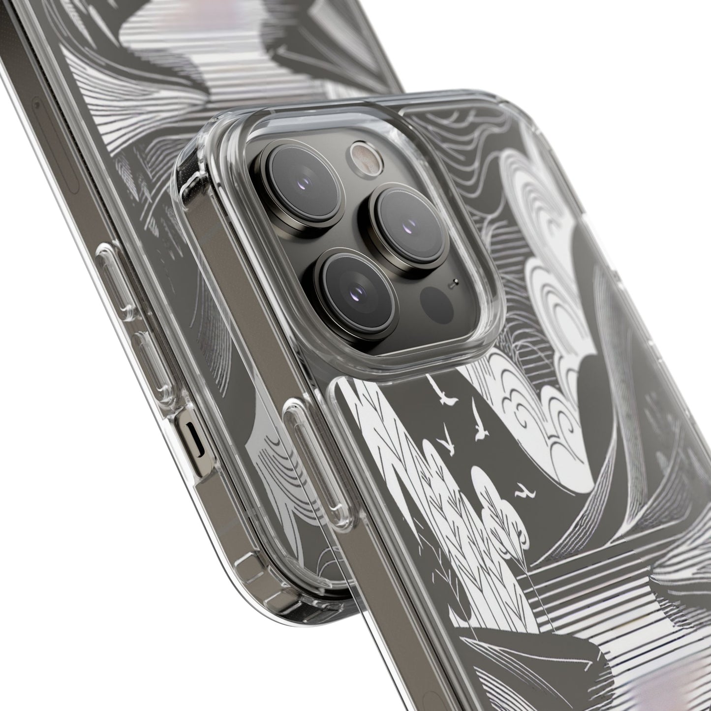 Transparent Black and White Landscape Illustration Iphone Case Compatible With Iphone 16 15 14 - Clear Phone Cover