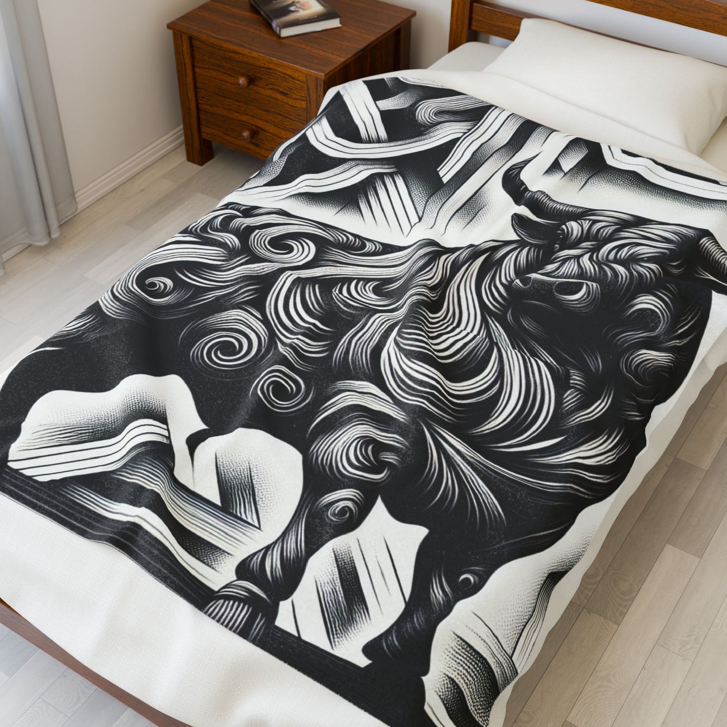 Majestic Bull in Monochrome Splendor - Plush Blanket