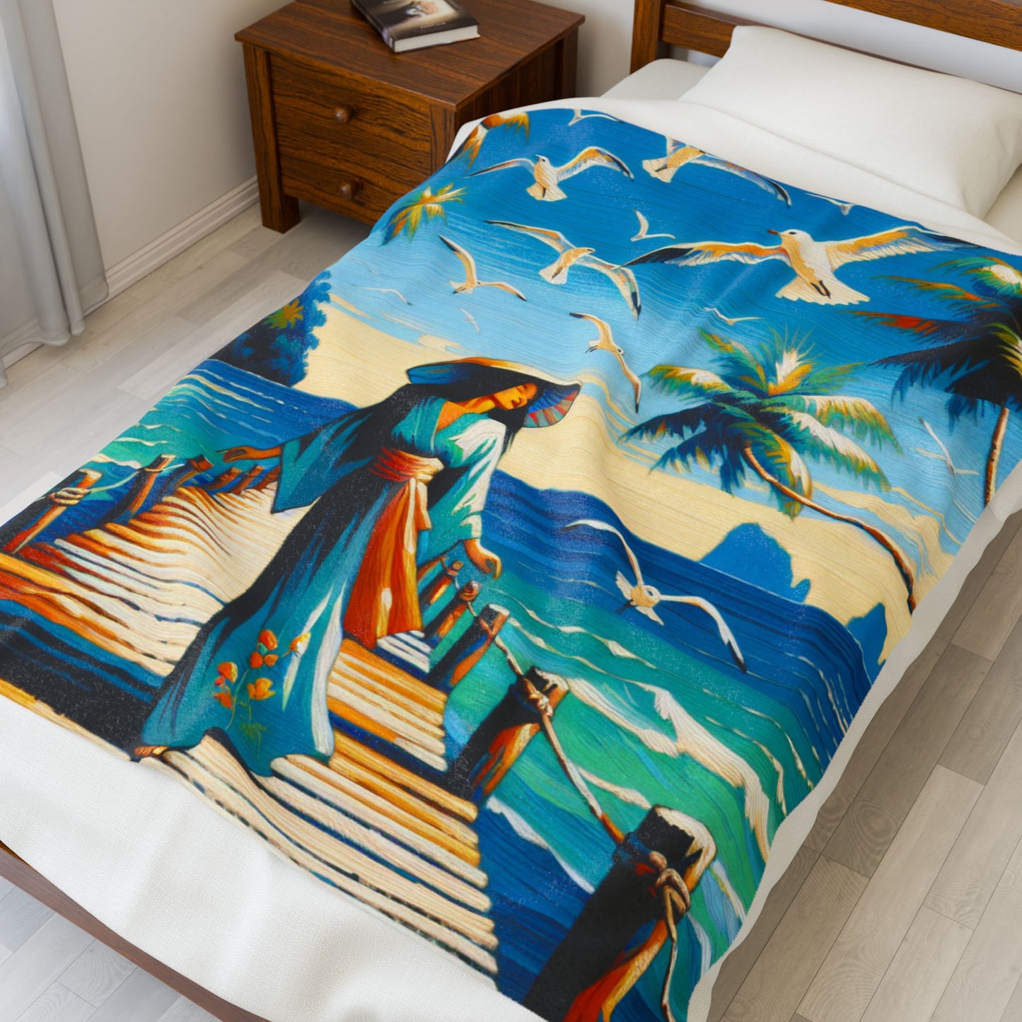 Island Stroll with Seagulls - Plush Blanket