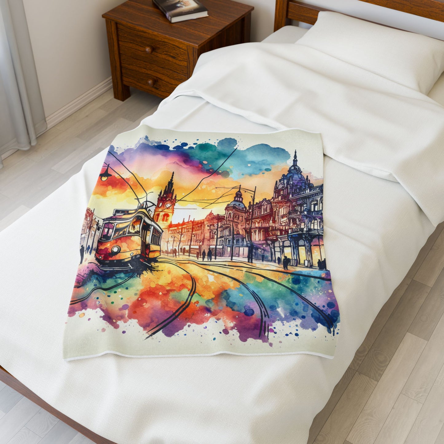 Tramway Journey Through Artistic Streets - Plush Blanket