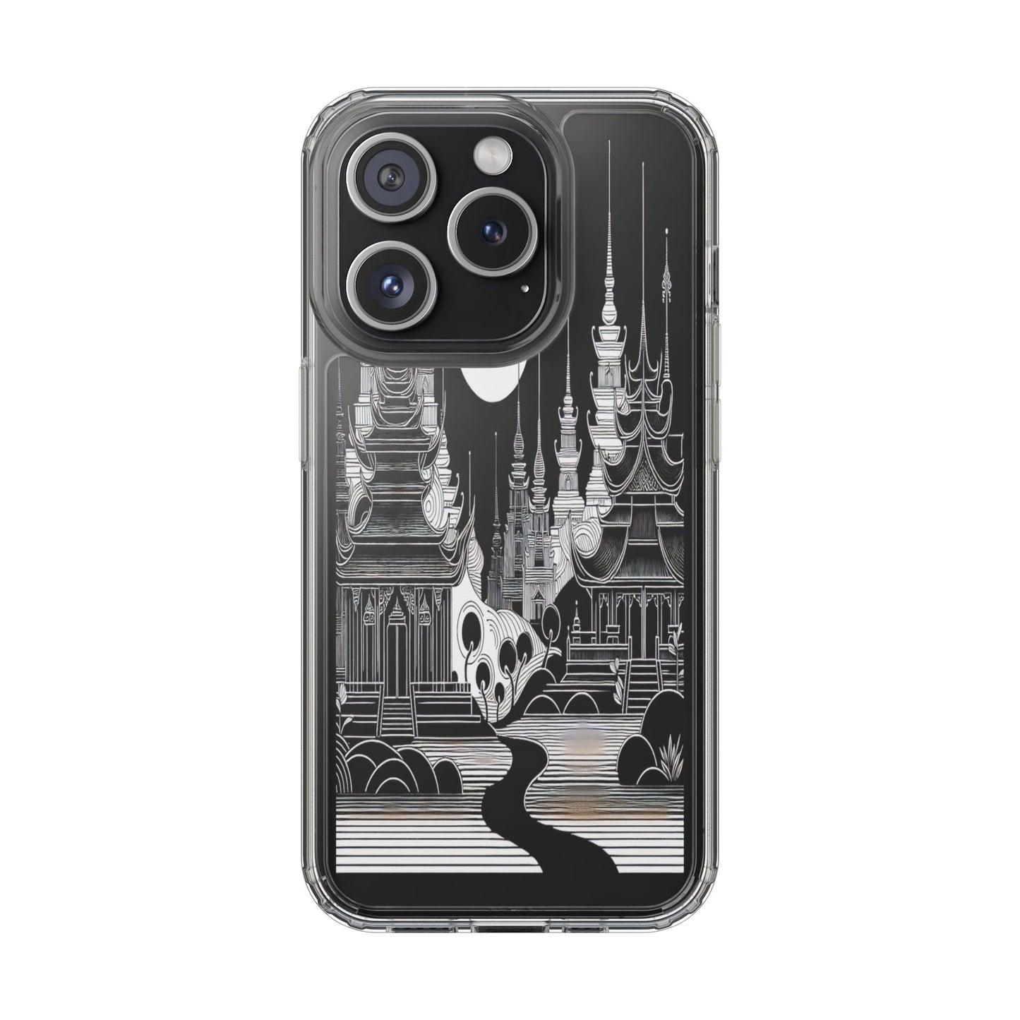 Transparent Temple Silhouette Under Bright Moon Iphone Case Compatible With Iphone 16 15 14 - Clear Phone Cover
