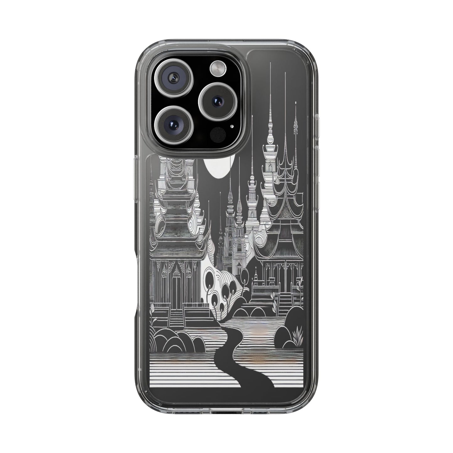 Transparent Temple Silhouette Under Bright Moon Iphone Case Compatible With Iphone 16 15 14 - Clear Phone Cover