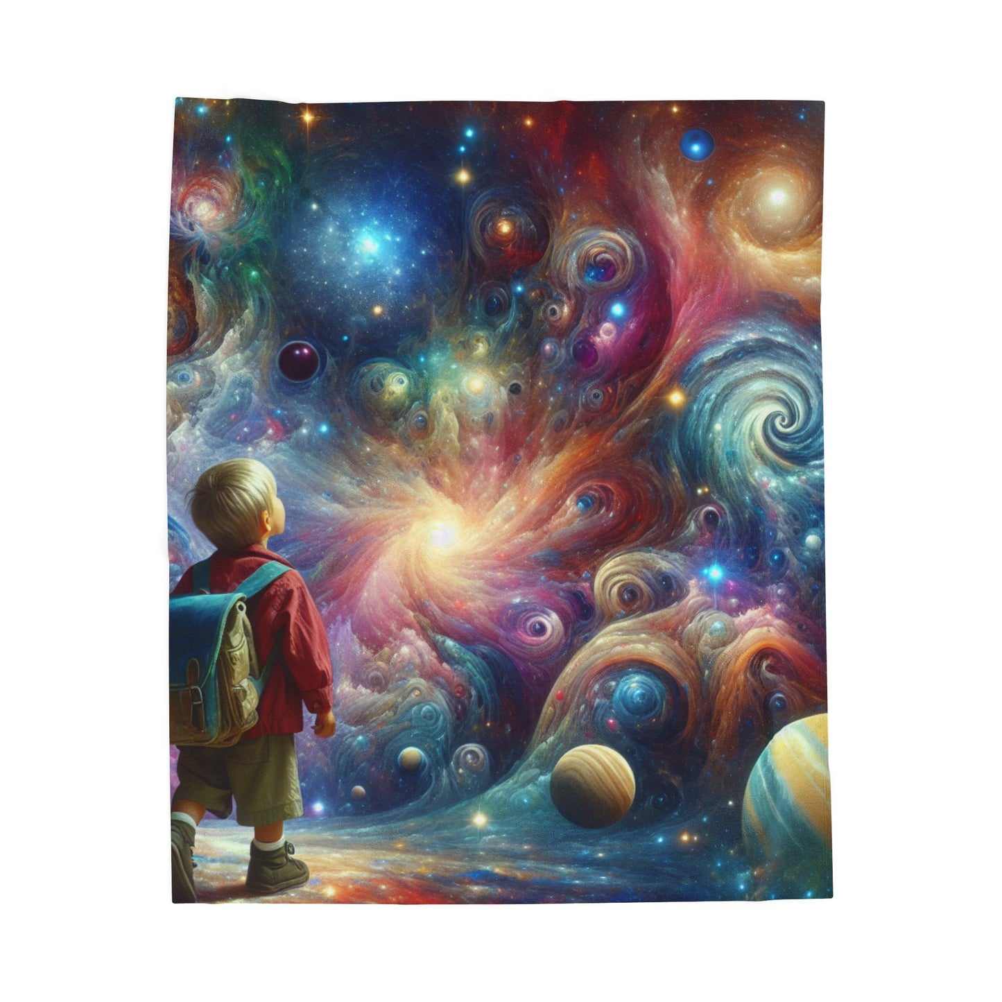 Young Explorer in a Cosmic Dream - Plush Blanket