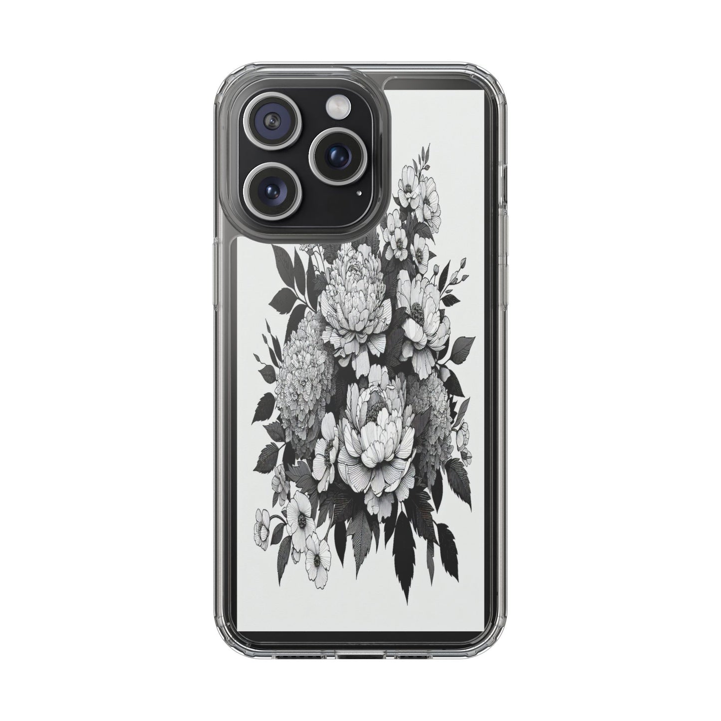 Transparent Floral Arrangement in Black and White Iphone Case Compatible With Iphone 16 15 14 - Clear Phone Cover