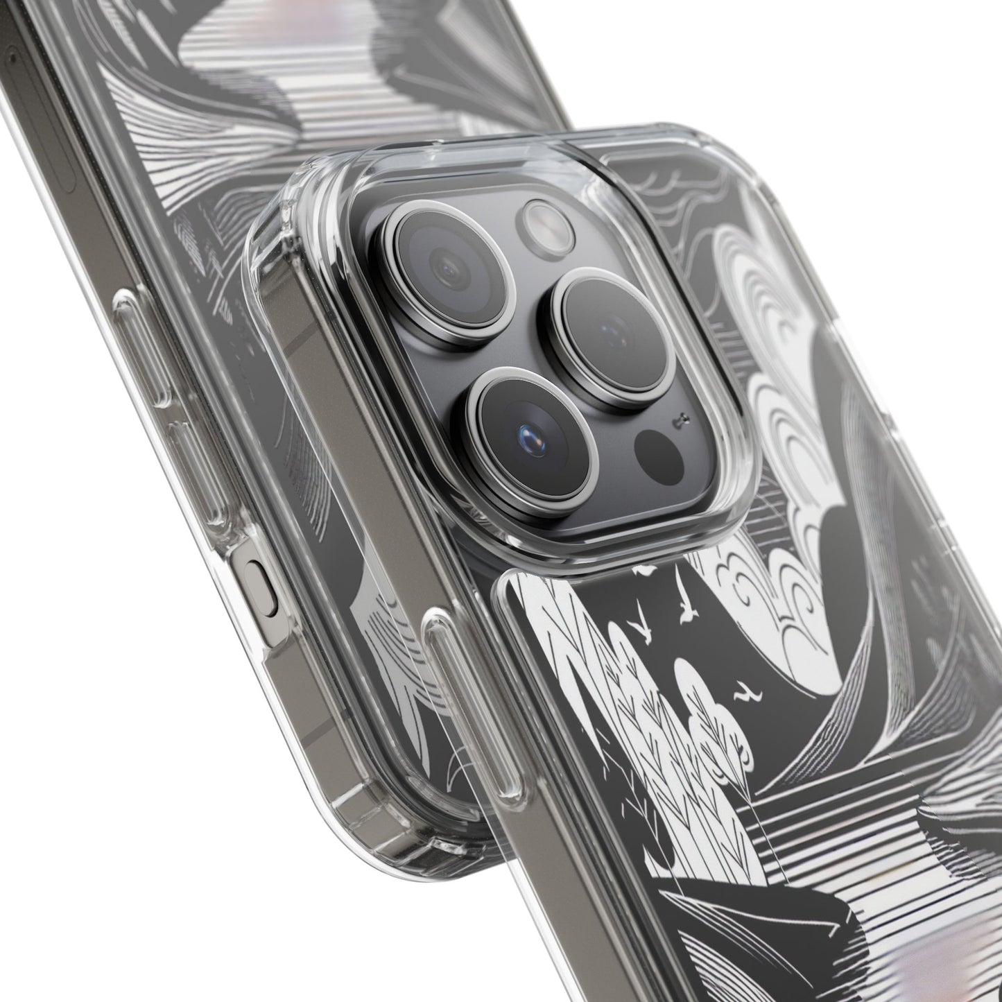 Transparent Black and White Landscape Illustration Iphone Case Compatible With Iphone 16 15 14 - Clear Phone Cover