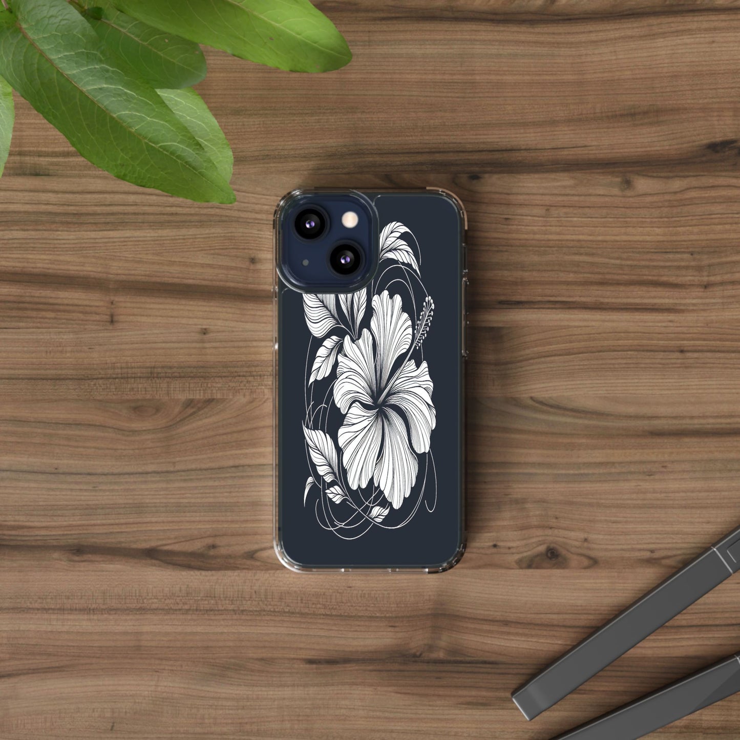 Transparent Hibiscus Design in Black and White Iphone Case Compatible With Iphone 16 15 14 - Clear Phone Cover