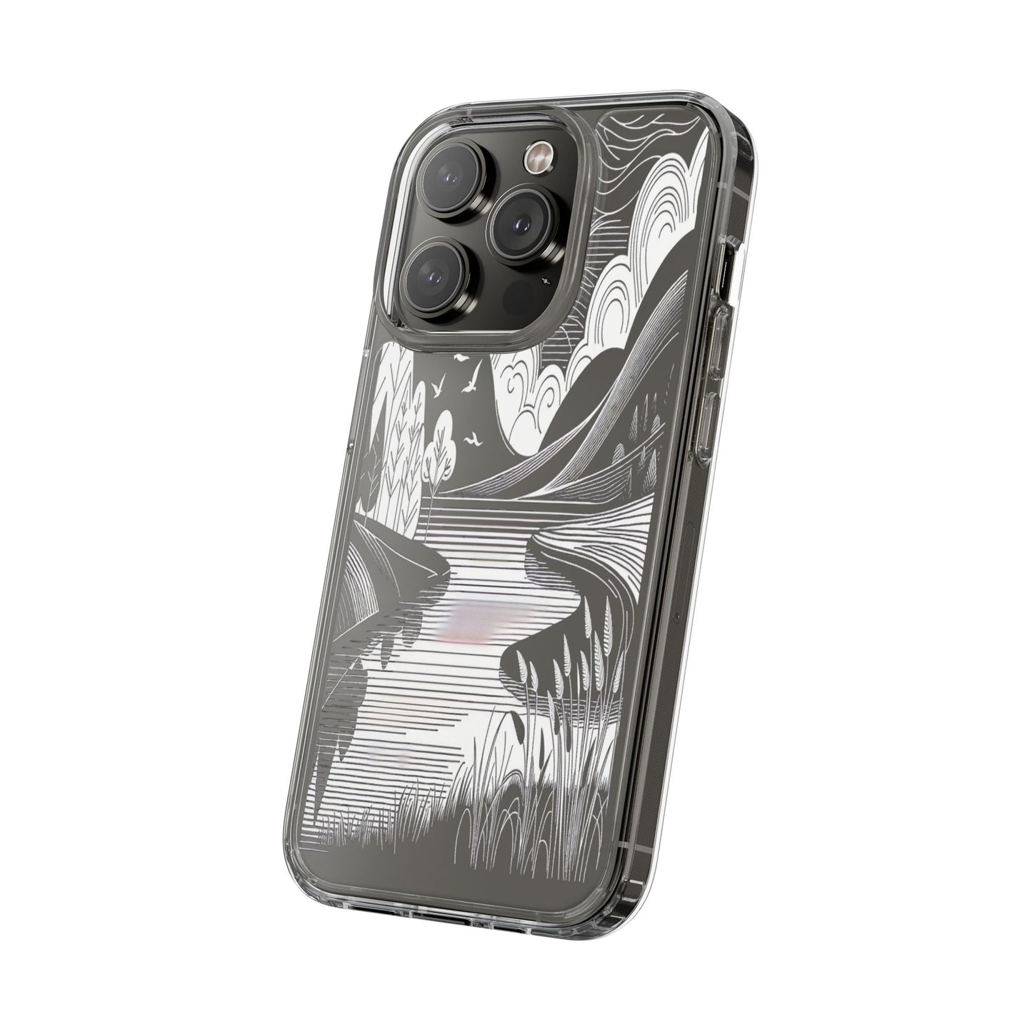 Transparent Black and White Landscape Illustration Iphone Case Compatible With Iphone 16 15 14 - Clear Phone Cover