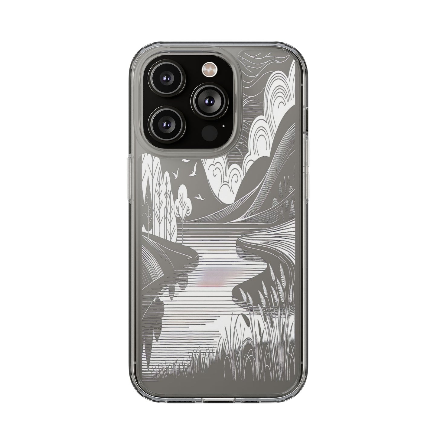 Transparent Black and White Landscape Illustration Iphone Case Compatible With Iphone 16 15 14 - Clear Phone Cover