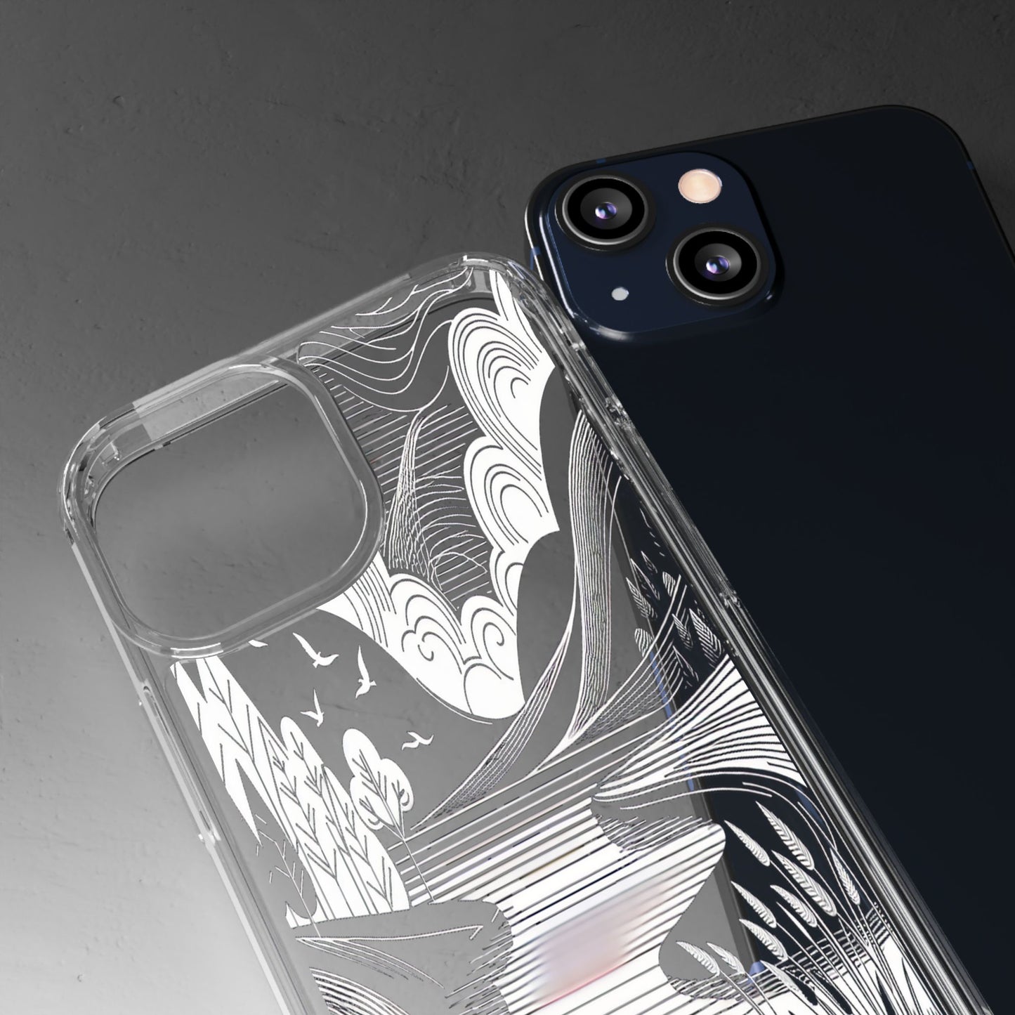 Transparent Black and White Landscape Illustration Iphone Case Compatible With Iphone 16 15 14 - Clear Phone Cover