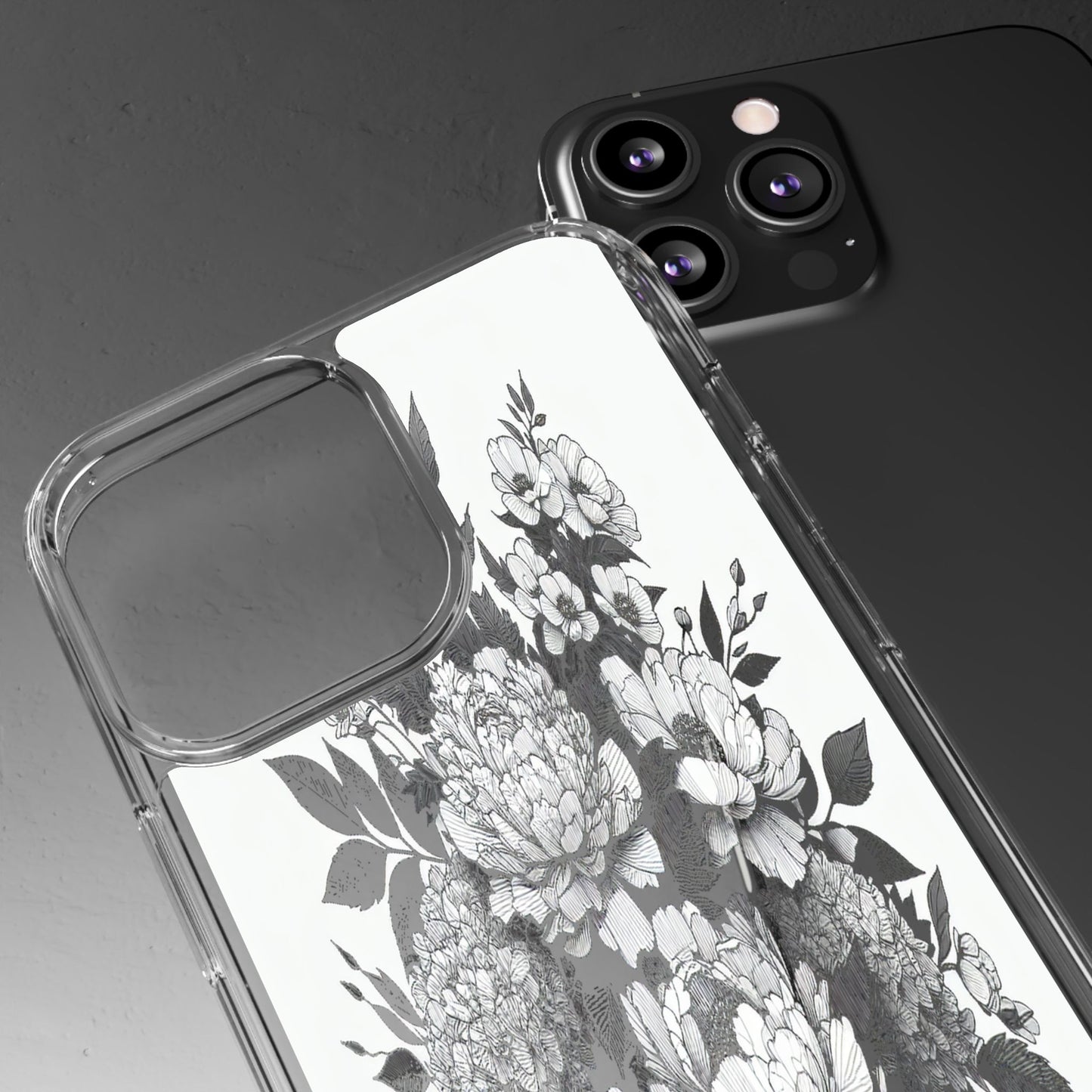 Transparent Floral Arrangement in Black and White Iphone Case Compatible With Iphone 16 15 14 - Clear Phone Cover