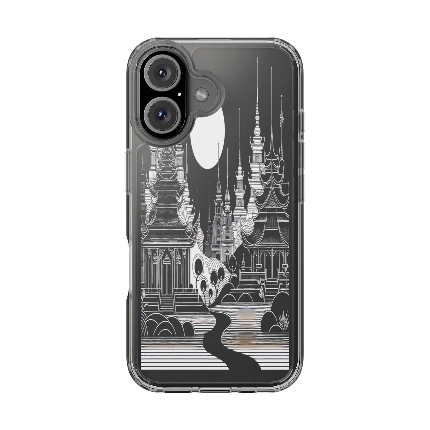 Transparent Temple Silhouette Under Bright Moon Iphone Case Compatible With Iphone 16 15 14 - Clear Phone Cover