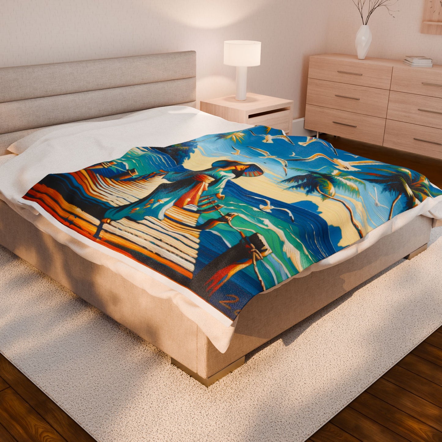 Island Stroll with Seagulls - Plush Blanket