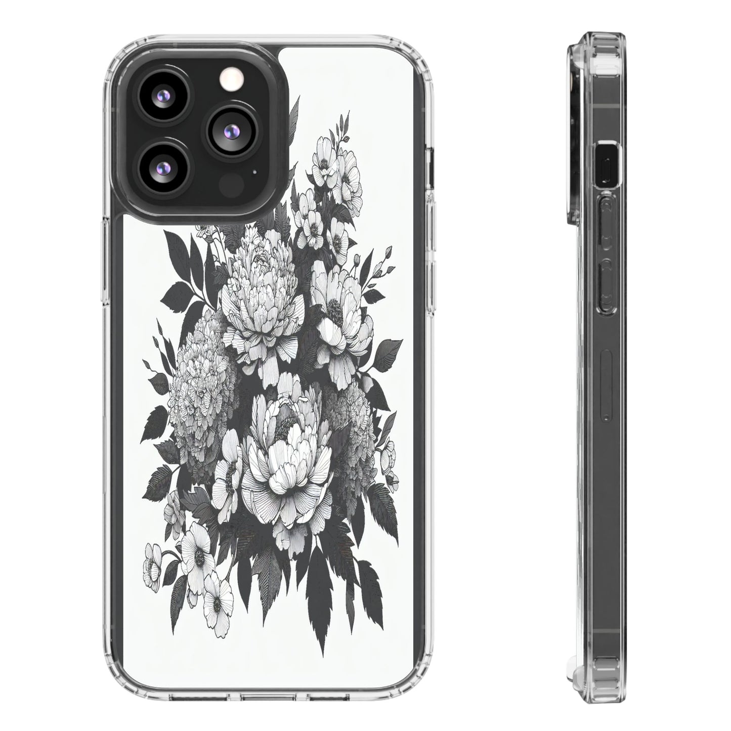 Transparent Floral Arrangement in Black and White Iphone Case Compatible With Iphone 16 15 14 - Clear Phone Cover