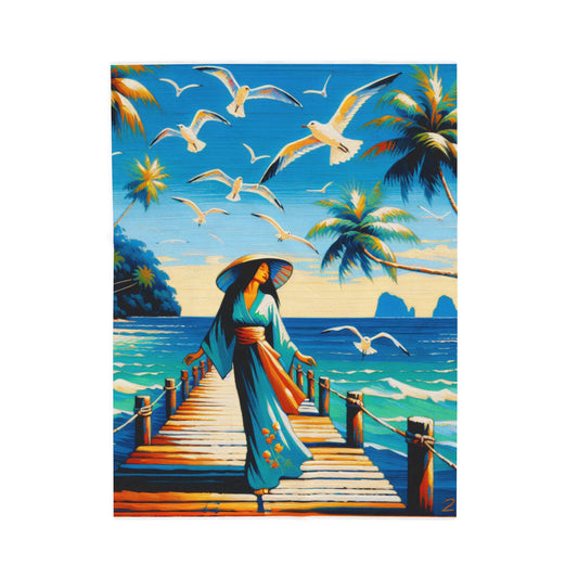 Island Stroll with Seagulls - Plush Blanket