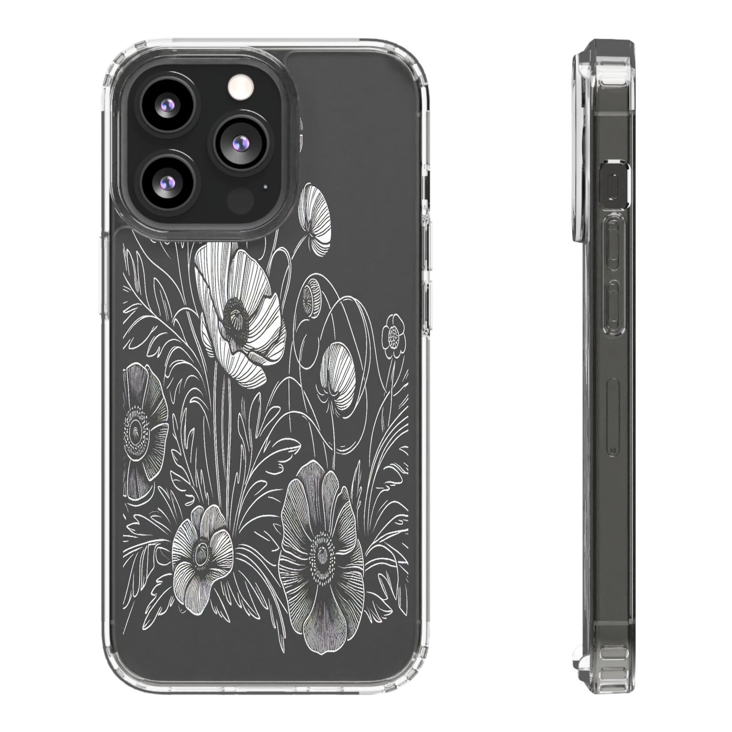 Transparent Black and White Floral Design Iphone Case Compatible With Iphone 16 15 14 - Clear Phone Cover