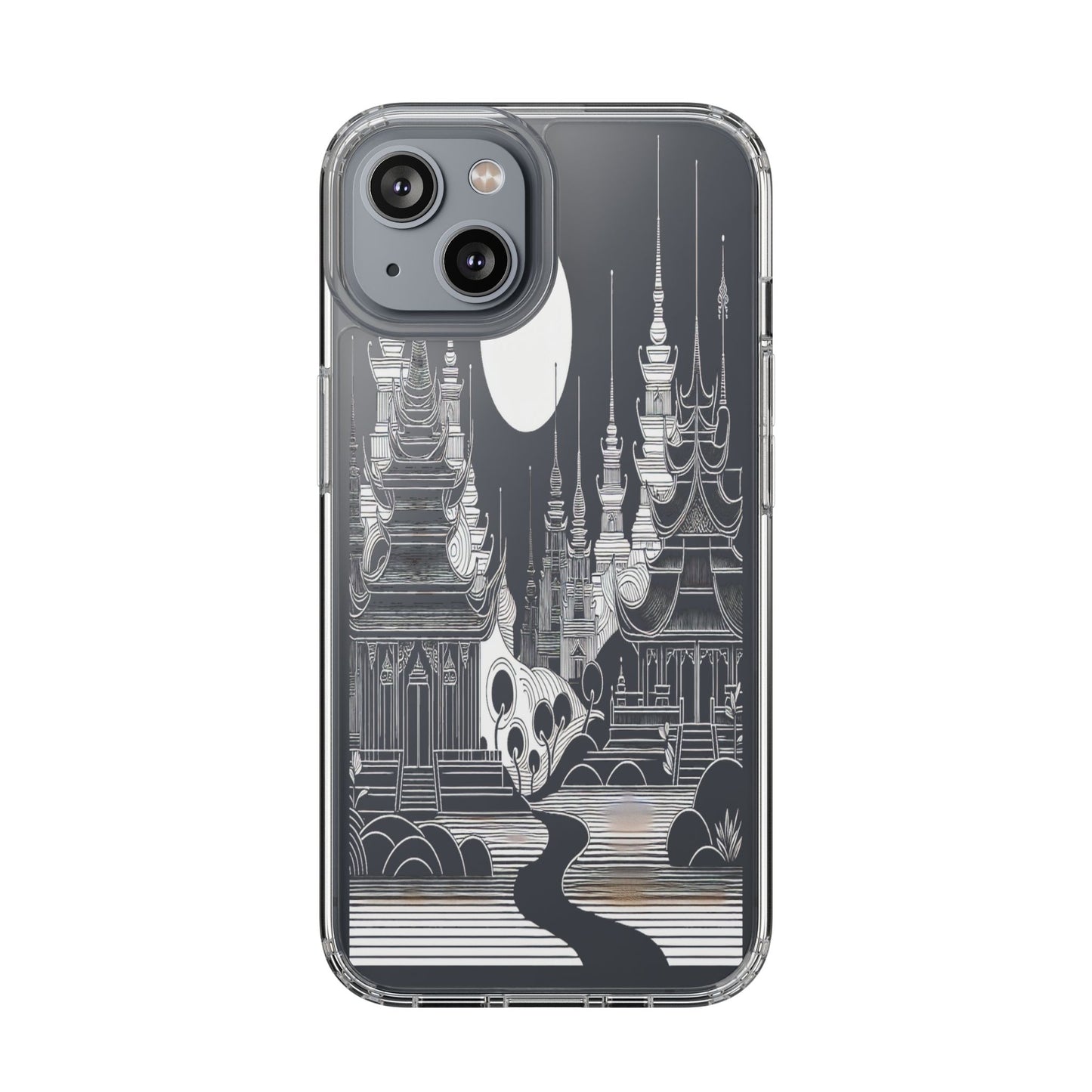 Transparent Temple Silhouette Under Bright Moon Iphone Case Compatible With Iphone 16 15 14 - Clear Phone Cover