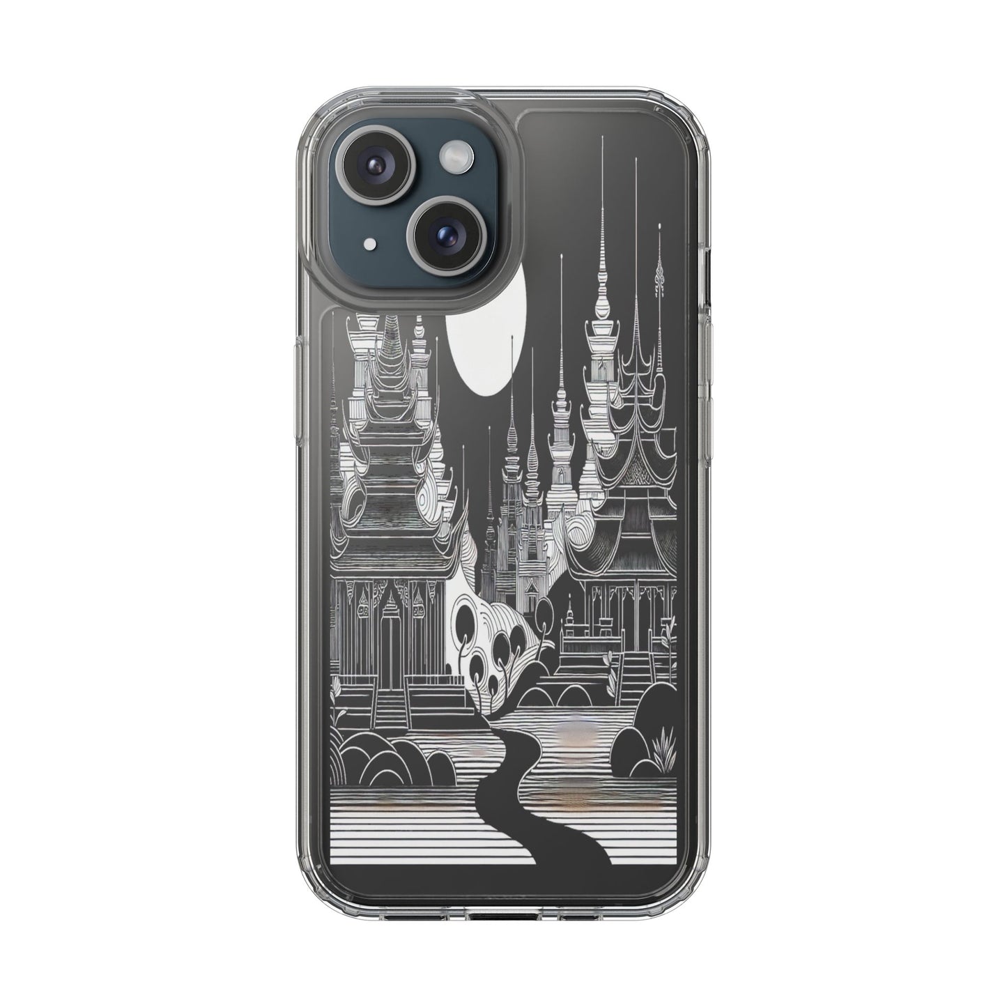 Transparent Temple Silhouette Under Bright Moon Iphone Case Compatible With Iphone 16 15 14 - Clear Phone Cover