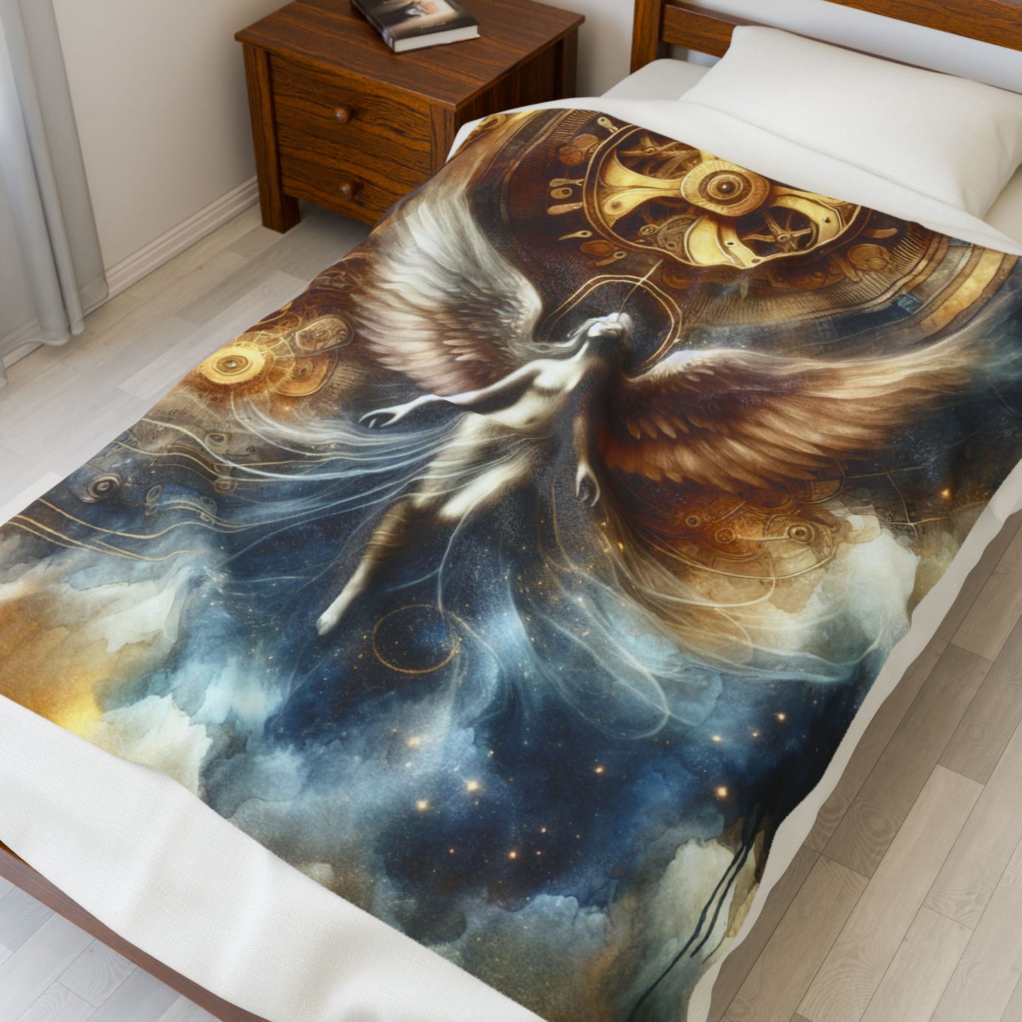 Winged Ascension in Mechanized Realm - Plush Blanket